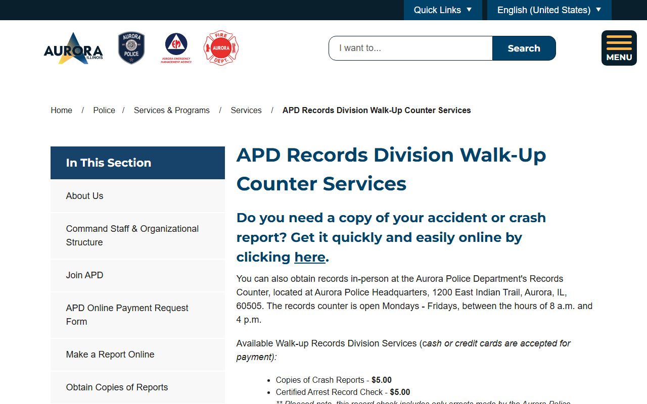 Aurora Police Department Records Division walk-up counter services