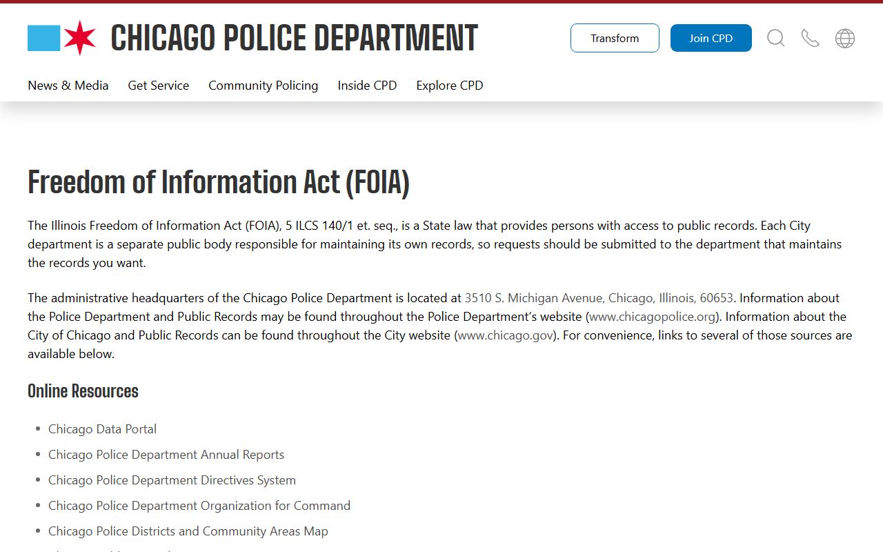 Chicago Police Department FOIA information page for criminal records requests