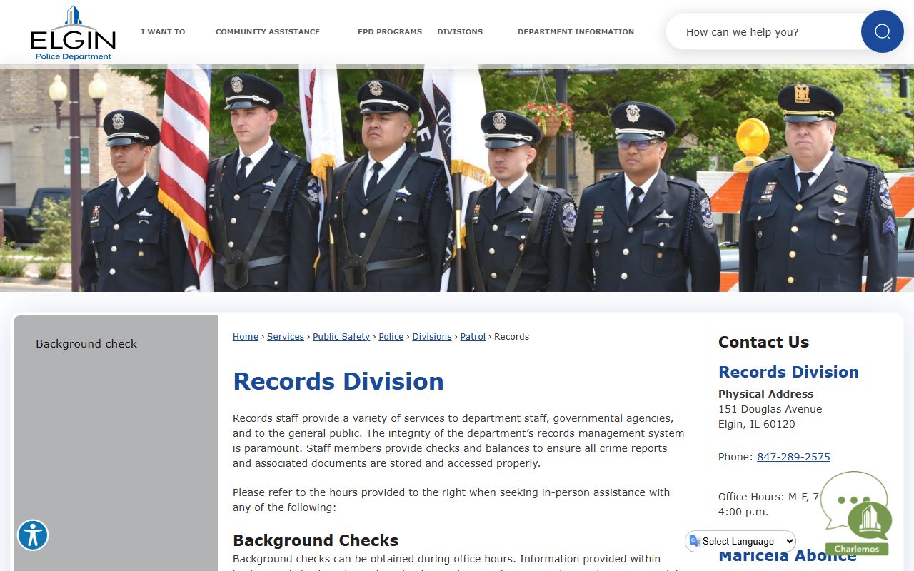 Elgin Police Department Records Division page