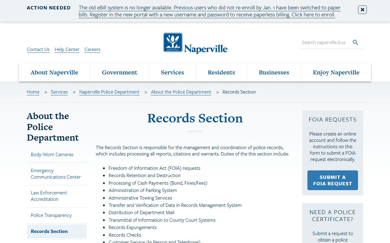 Naperville Police Department Records Section information page