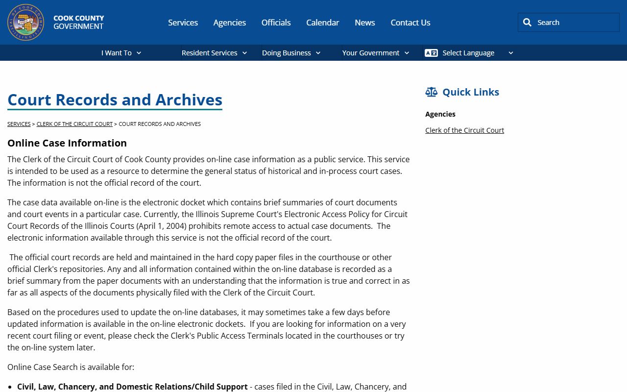 Cook County court records and archives page for criminal records