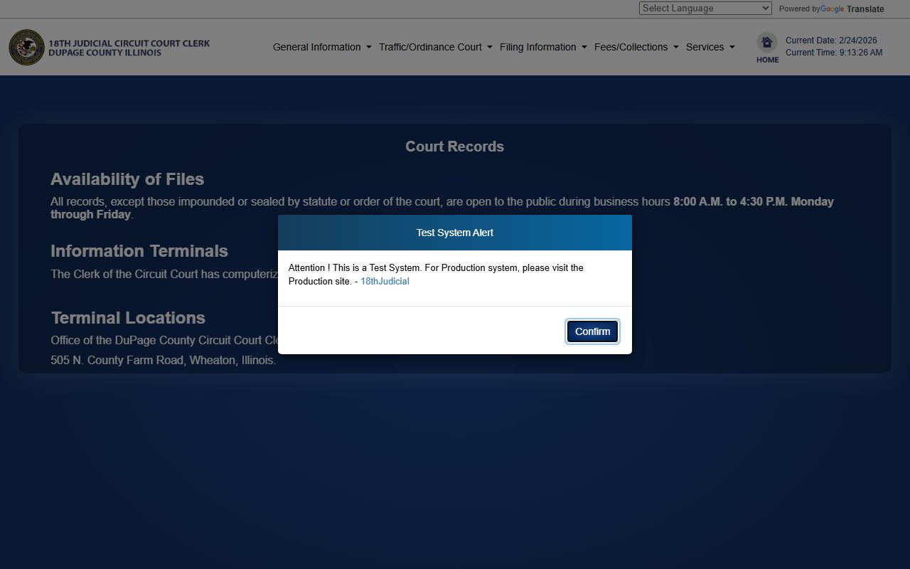 DuPage County 18th Judicial Circuit court records search page for criminal records