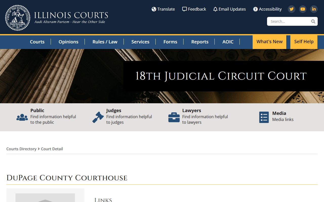 DuPage County courthouse listing on Illinois Courts directory for criminal records