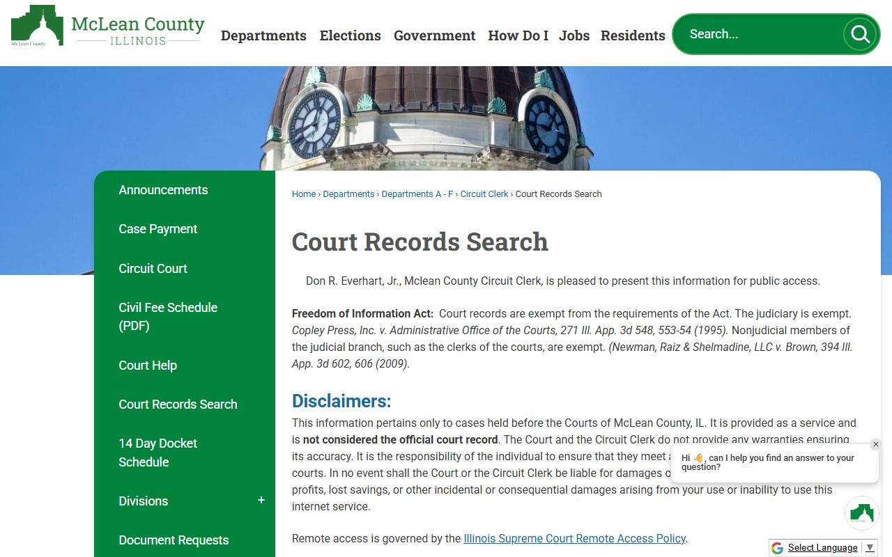McLean County court records search page for criminal records