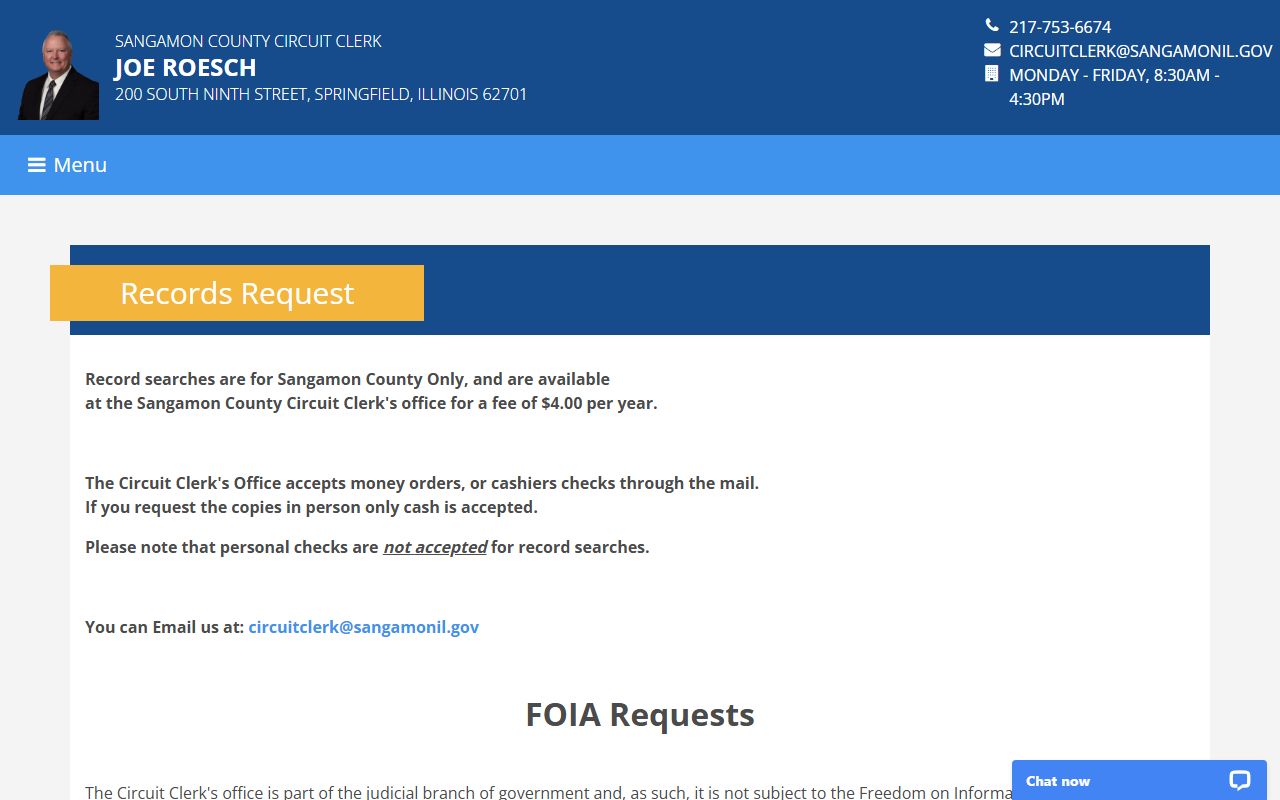 Sangamon County records request page for criminal records copies