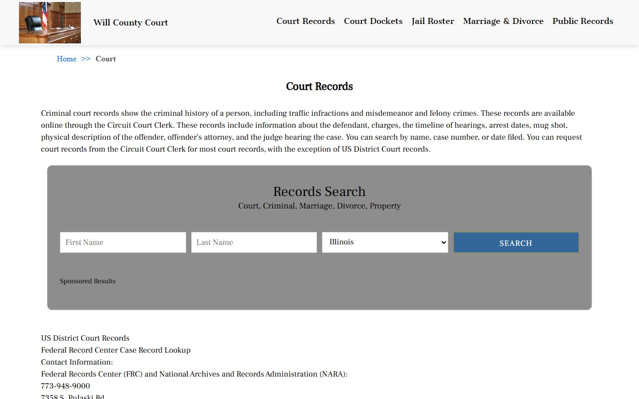Will County court records page for criminal records search in Will County Illinois