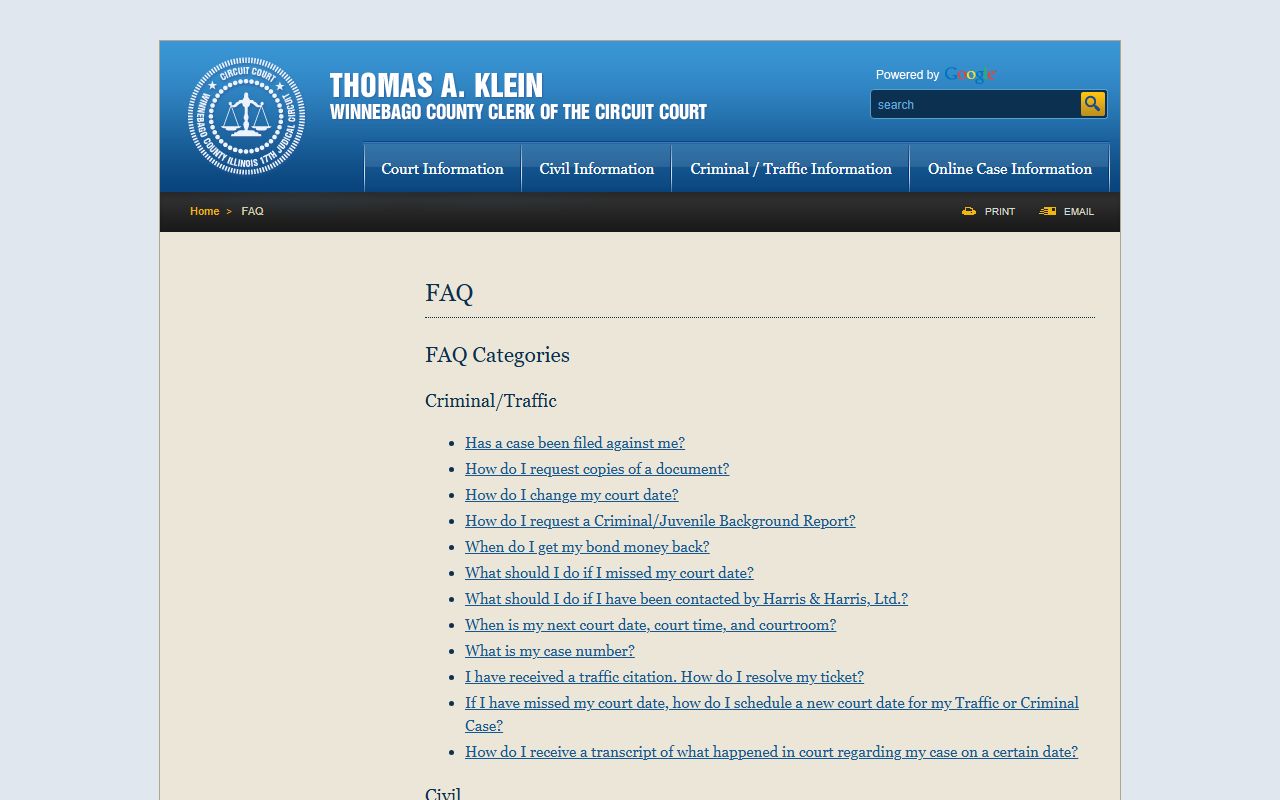 Winnebago County Circuit Clerk FAQ page for criminal records