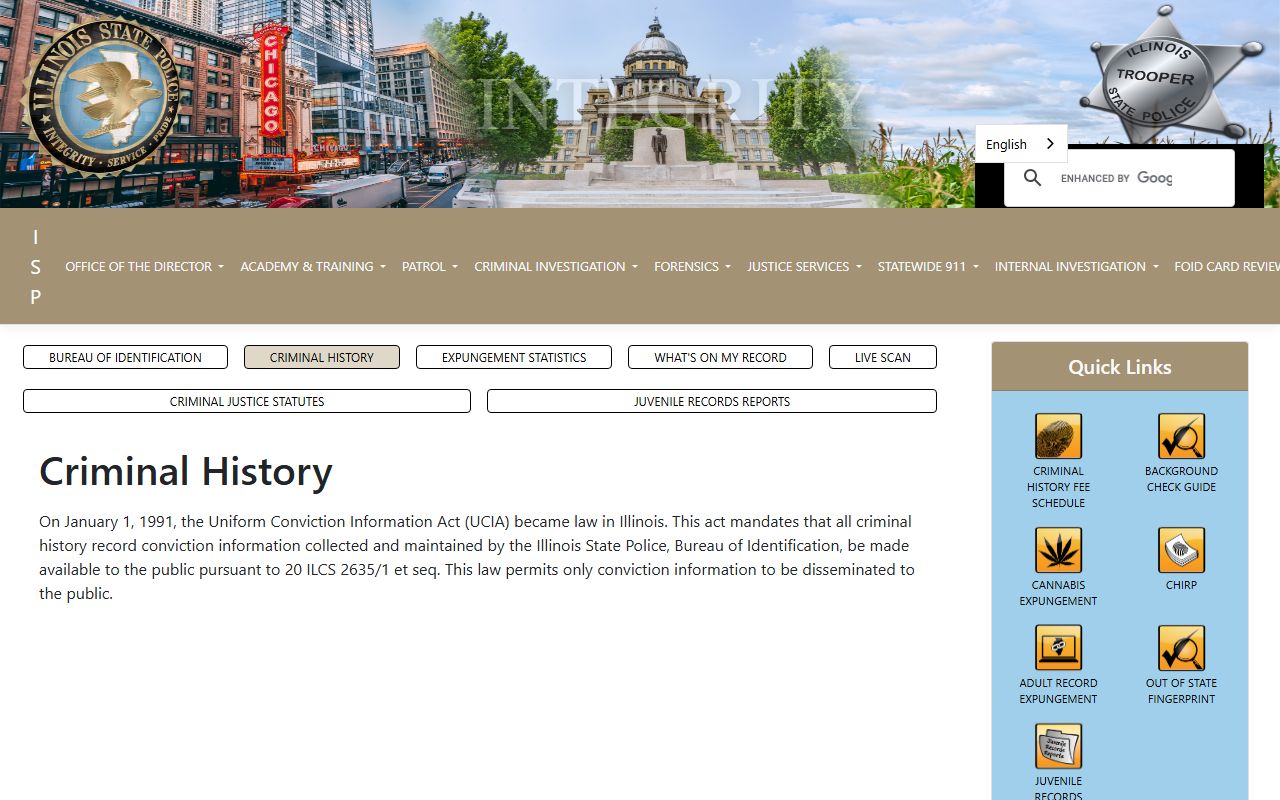 ISP criminal history information page for Illinois criminal records