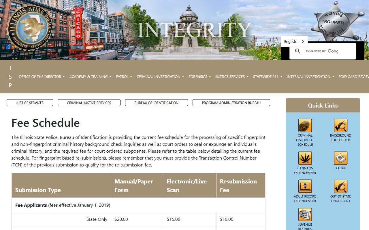 Illinois State Police criminal records fee schedule