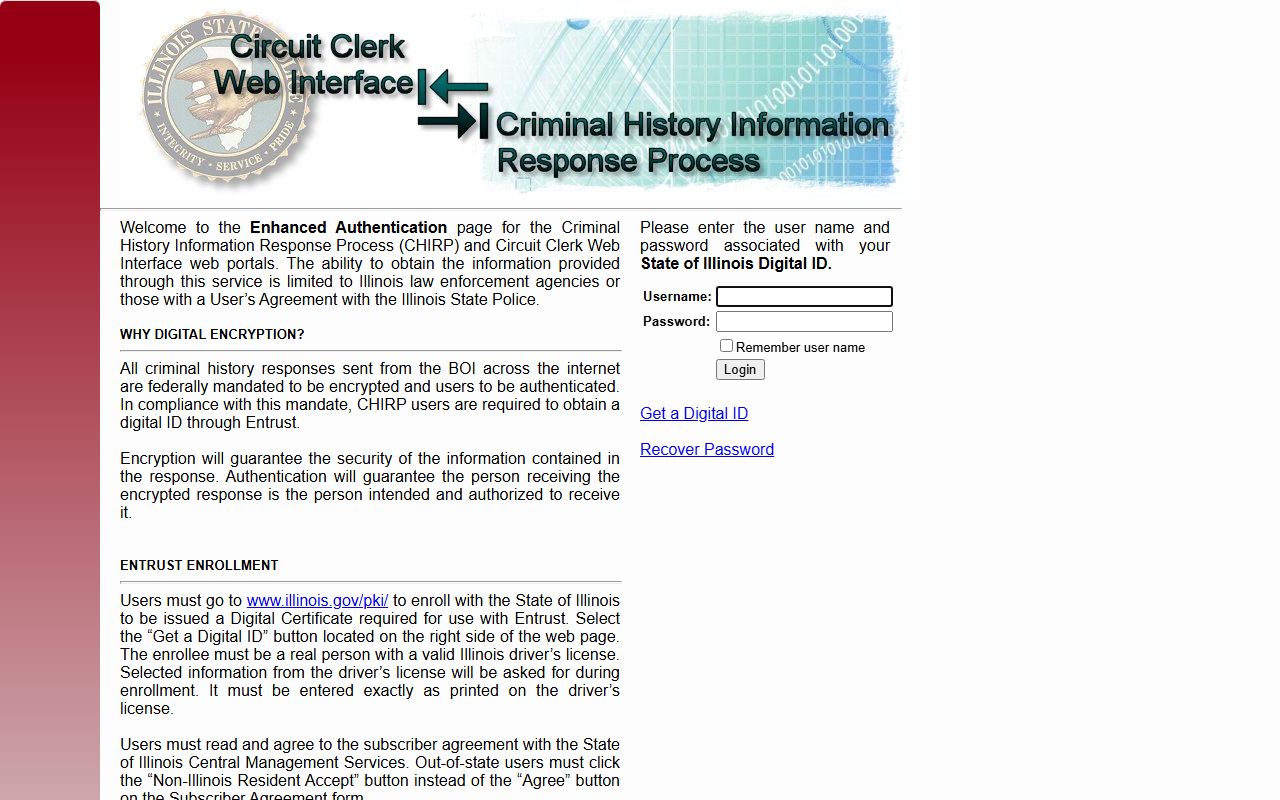 CHIRP login portal for Illinois criminal records name-based search