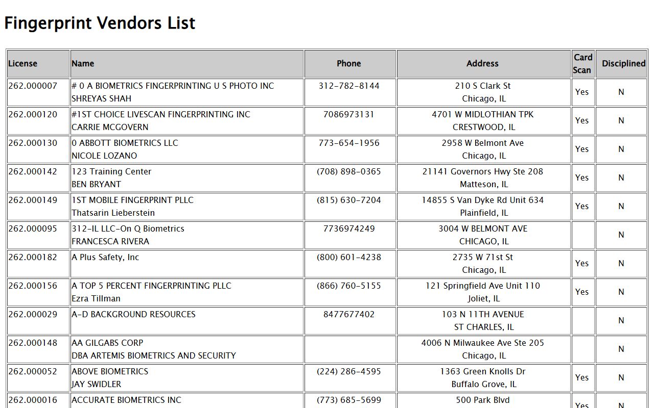 Illinois Live Scan vendor lookup tool for criminal records fingerprinting